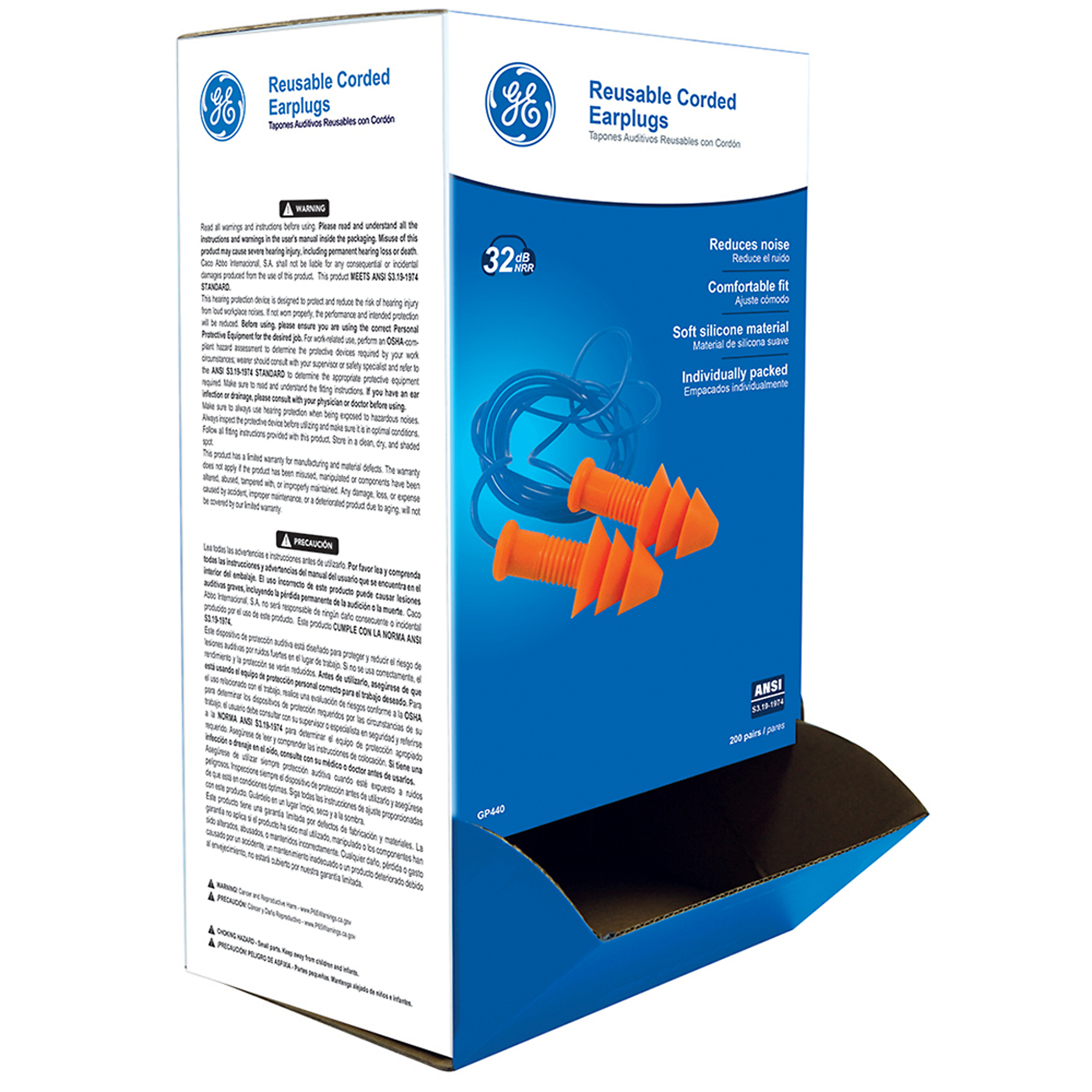 General Electric, 26 dB Corded Reusable Earplug (100 Pairs), Noise Reduction Rating 26 dB, Pairs Included (qty.) 100 Model# GP440